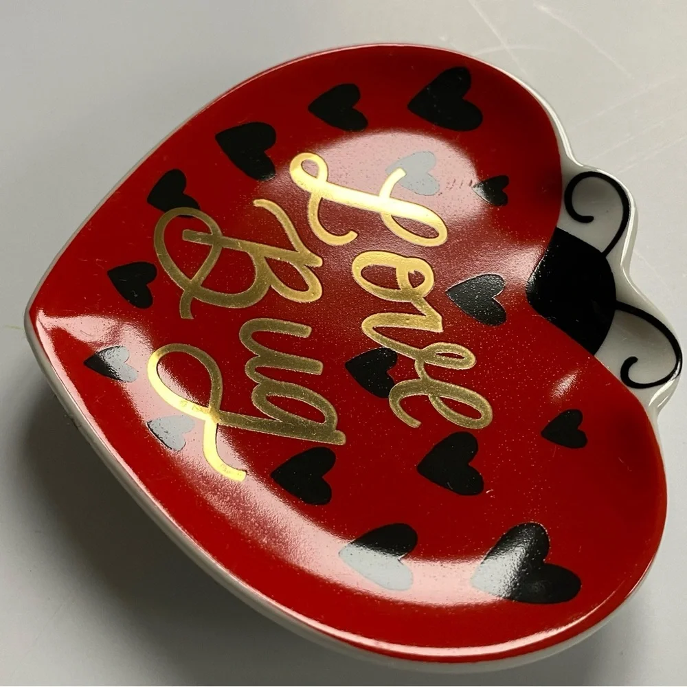 Ladybug Trinket Dish Ceramic Red Heart Valentines Decor 4” Love Bug Paper Source